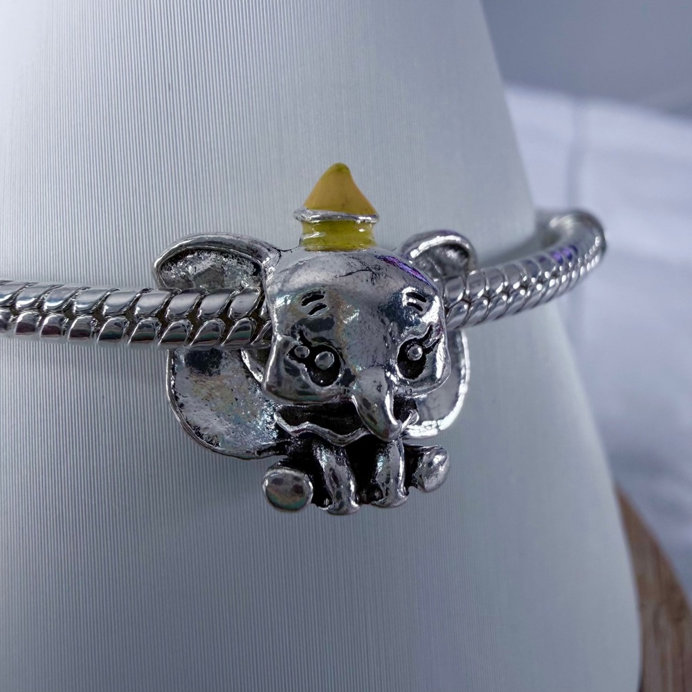 Silver Elephant Bead Charm Fits Snake Chain Bracelet Yellow Hat Animal Jewelry - Picture 10 of 10